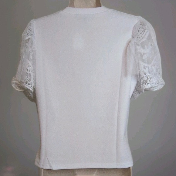 Love 83 Women's White Lace Puff Sleeve Crew Neck T-Shirt Blouse NWT Size M/L - Picture 3 of 8